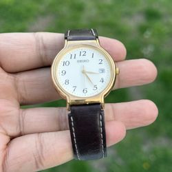 Seiko unisex  classic 33mm Gold Tone Date Brown Leather Band Watch