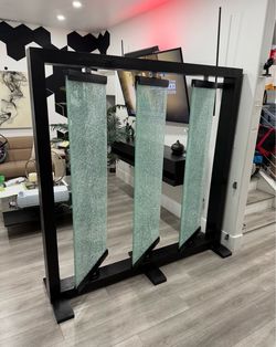 Black Oak Three Paneled Crackled Glass Wall Divider