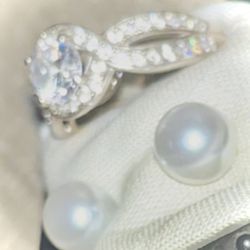 2ct Diamond Ring with Pearl Earrings/With Gem Appraisal Certified D Thumbnail
