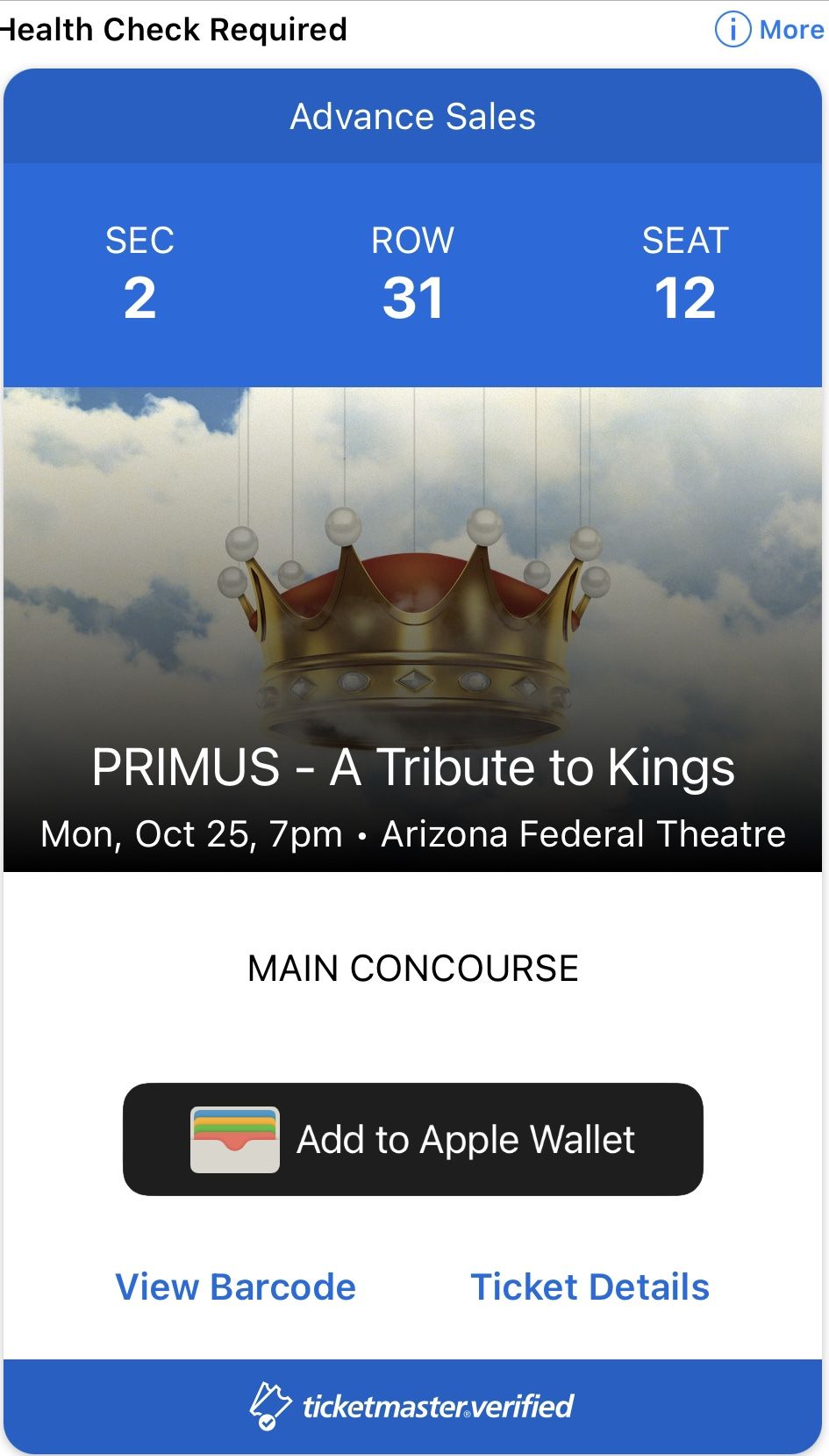 One Primus Ticket For Monday OCT 25