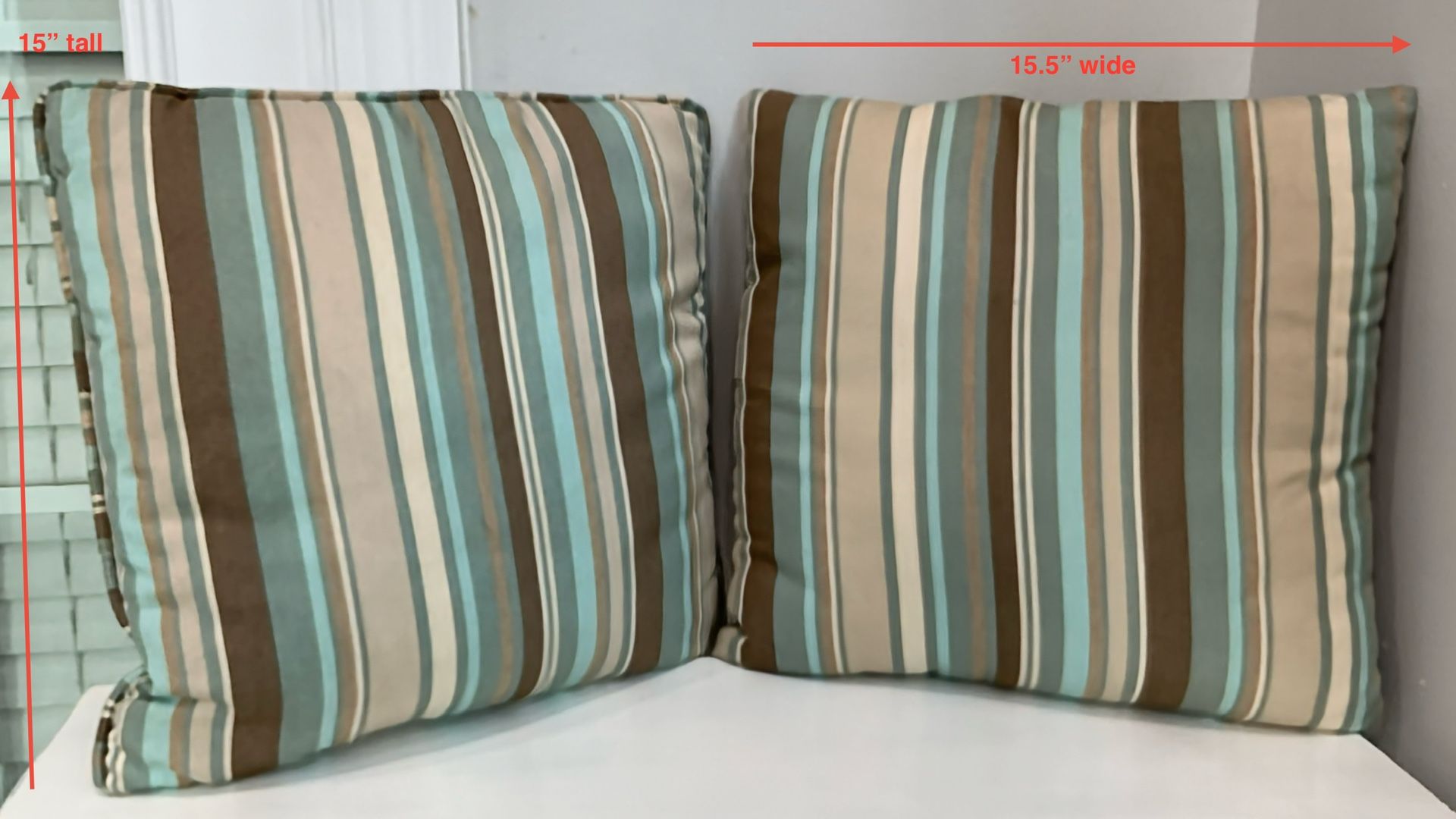 Pair of Tan, Cream & Turquoise Striped Sunbrella Reversible Throw Pillows