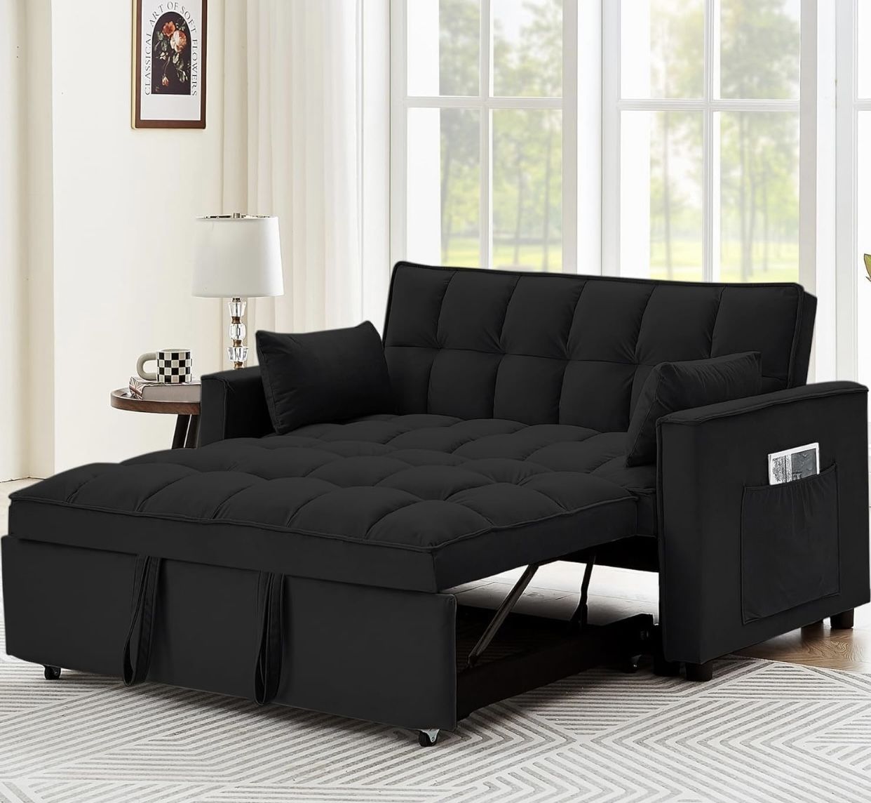 Modern Velvet 3 in 1 Convertible Sleeper Sofa Couch Bed, Pullout Couch Bed