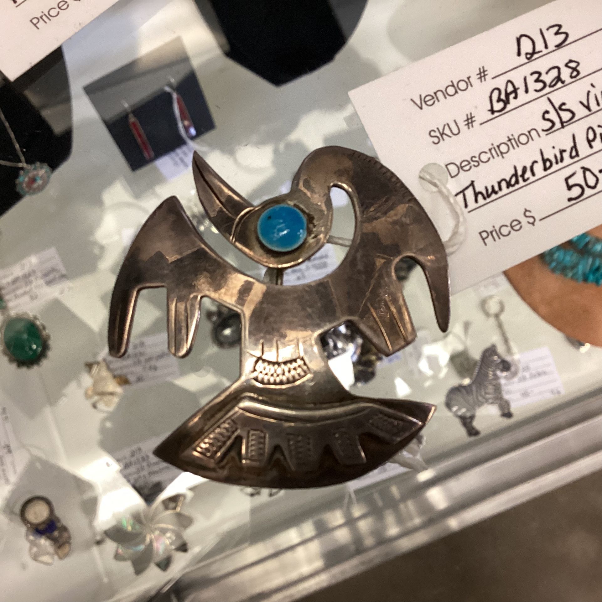 Sterling Silver Vintage Thunderbird Pin Turquoise Eye