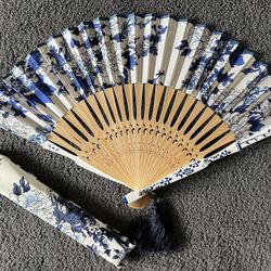 8”Chinese Ladies Bamboo & Silk Folding Hand Fan
