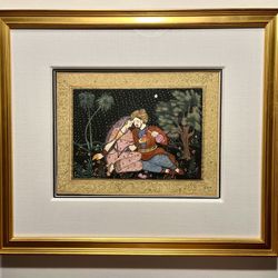 Original Vintage Rajasthani Miniature Painting Of Love Scene on Silk, Framed