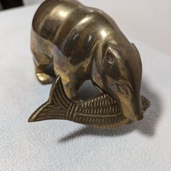 Vintage Brass Bear With Fish In It's Mouth. 