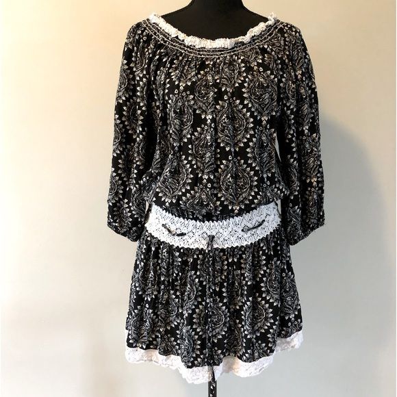 Womens Free People Sunday Romance Black White Paisley Boho Dress Size S
