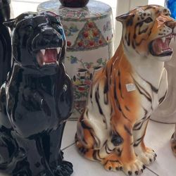 $375 EACH.  Italian Porcelain Ceramic Floor TIGER OR BLACK PANTHER Statue By CERAMICHE BOXER MADE IN ITALY. 