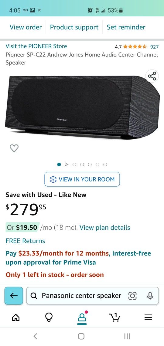 Pioneer SP-C22 Home Audio Center Channel Speaker