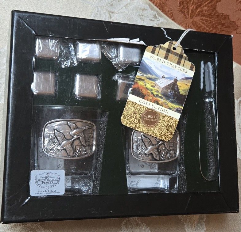 Mullingar Pewter Irish Whiskey Glass Set Hunting Ducks Ice Cubes Tongue