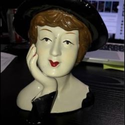 Vintage Porcelain Lady Head Statue With Black Hat