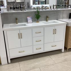 65” bathroom vanity cabinet new solid wood fully Asembled Softclose drawers doors Quartz top 2 sinks ready for pick up today