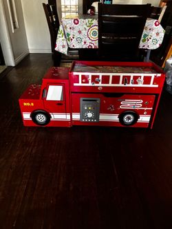 Kids Fire Truck Wooden Toy Box