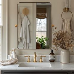 MOON MIRROR Brushed Gold Pivot Mirror,Brass Tilt Vanity Rectangle For Bathroom, Overall 26.33 X 30 In