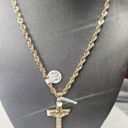 14k Semi Hollow Rope Chain 4.5mm 24inch And 14k Pendant 