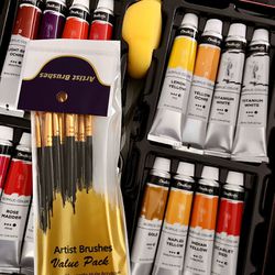 32 Metallic Paint Tubes (22ml) (incl Gold, Silver), 10 Painting Brushes, 1 Knife, 1 Sponge & 1 Palette - Metalic Acrylic Craft Paint