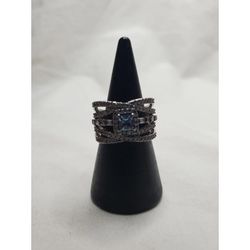 London Blue Topaz CZ Spiral Ring Size 5 Rhodium Hematite Jewelry