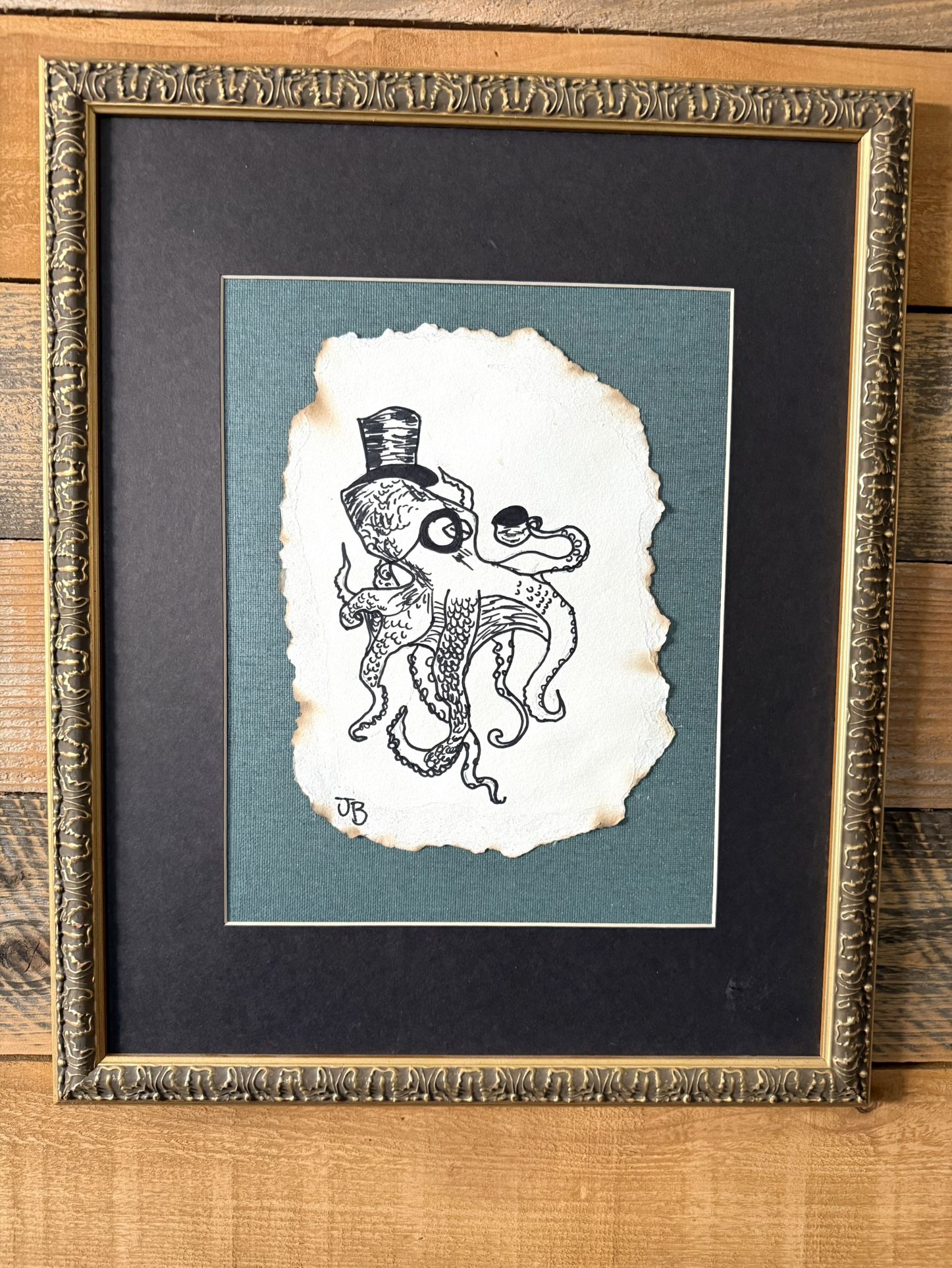 Fun Framed Original Art Octopus With Top Hat & Monocle Mounted on a Dark Teal Background and in an Ornate Gold Frame (open - no glass) 21” x 18”