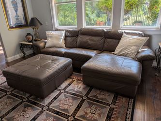 Brown Leather Recliner Sectional Sofa with Storage Ottoman