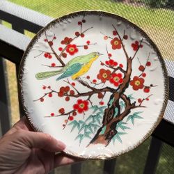 Norleans Vintage Japanese Decorative Porcelain Hanging Plate - Asian Bird in Cherry Blossom Tree with Gold Trim
