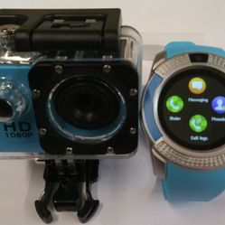 1080 HD. Blue  Sports Camera + V-Series Smart Watch