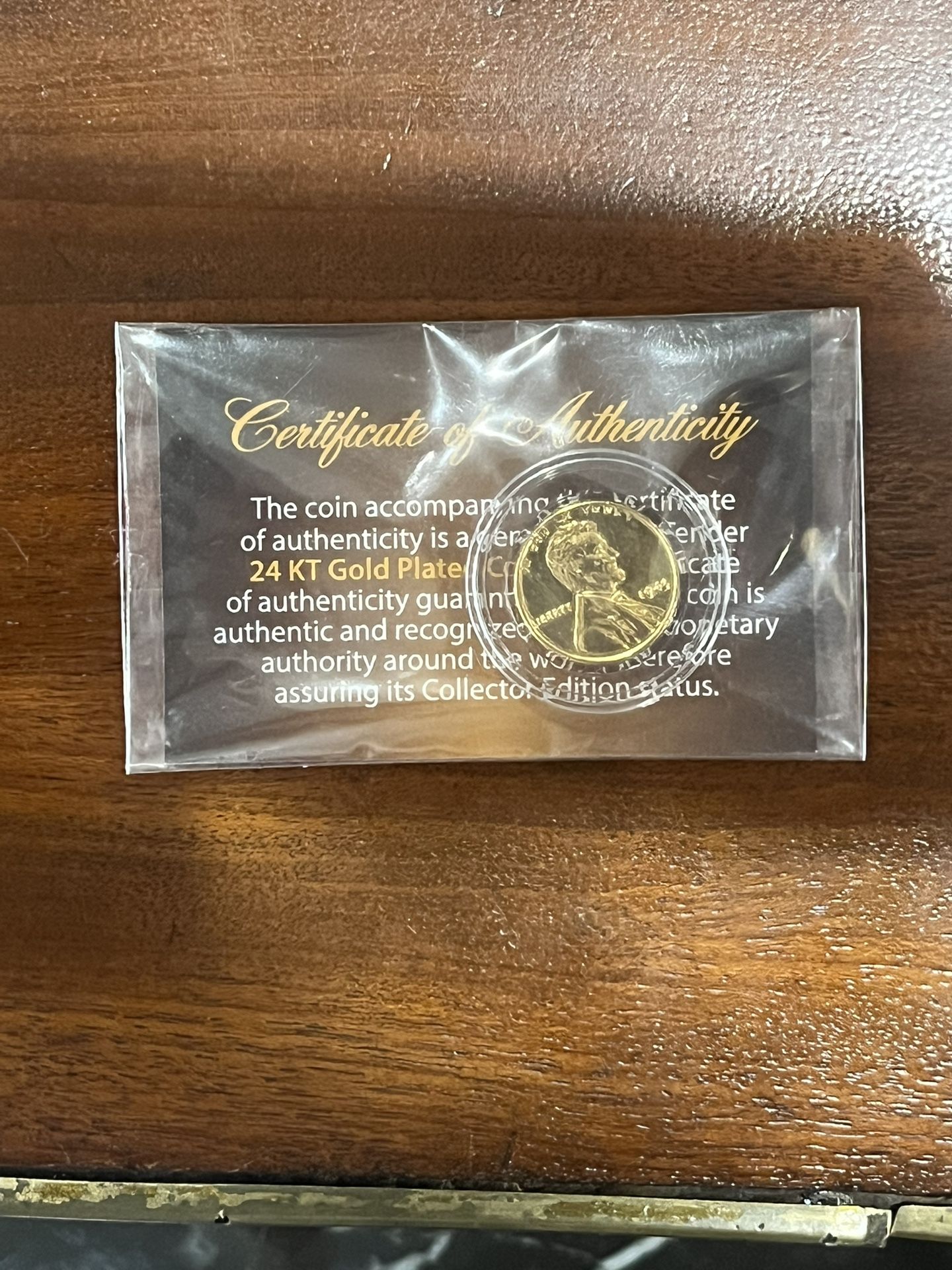 24-karat gold plated Penny With Certificate Of Authenticity 