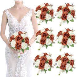 Artificial Bridesmaid Bouquets Set of 6 - Wedding Bouquet Burnt Orange Rose White Babys Breath 7 Inch Flower Bride Bouquet for Wedding Bridal Shower C