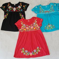 Three Beautiful Hand Embroidered Colorful Floral Mexican Tops, Size XL! Price For All!