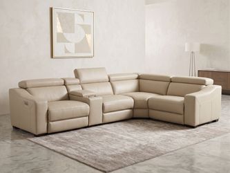 Beige Leather Power Reclining Sectional, 5-Piece with Storage Console