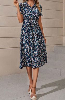 NEW Women’s Navy Floral Short Sleeve Collared Midi Dress Size Small