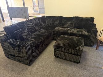Black Corduroy Sectional Sofa with Ottoman