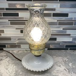 Vintage Milk Glass Hurricane Hobnail Table Boudoir Accent Lamp Ring Tray Cottage