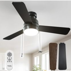 Ceiling Fans with Lights, 42 inch Low Profile Ceiling Fan with Pull Chain and Remote Control, Flush Mount, Reversible, 5CCT, Dimmable, Noiseless, Blac