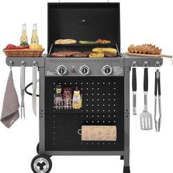 Royal Gourmet GL3001 3-Burner Gas Grill with Pegboard, 420 Sq. In. Cooking Area, 19,500 BTU, Foldable Side Shelves with Hooks, Two Large Wheels, Ideal