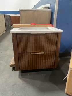 24” Brown Solid Wood Floating Bathroom Vanity with Marble Top (V65)