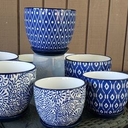Set Of 8 Bohemian Blue Vintage Looking Pits For Plants 
