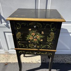 Vintage Chinoiserie Style Black Chest of Drawers Table Hand Painted Floral Motif