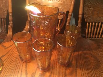 Marigold Carnival Glass Pitcher & Glasses
