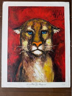 Vintage Lioness Canvas Art Print Arnau Red Background Animal Wall Decor Litho Spain 18.6x14.6