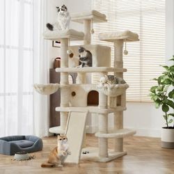 Amolife Extra Large 68" Indoor Cat Tree and Tower, Condo House with Scratching Board and Thick Posts, Beige