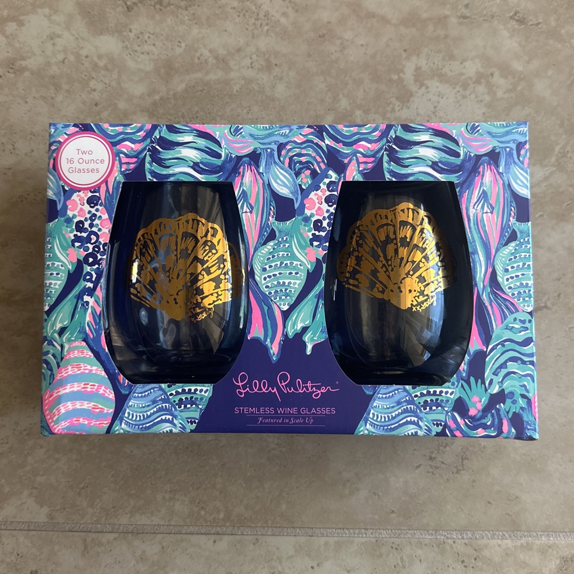 Lilly Pulitzer Scale Up Stemless Wine Glass Set of 2 Gold Shell Design