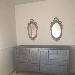 Pennsylvania House Double Dresser Refinished In Silver W Crystal Knobs And Matching Antique Frames