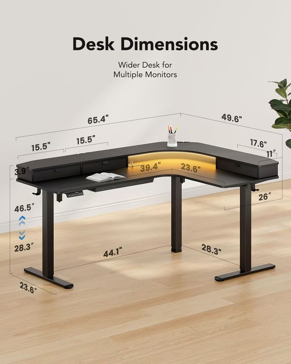 🥨HUANUO 65″ L-Shaped Standing Desk with Power Outlets & LED Strip, Electric Height Adjustable Corner Computer Desk, Sit Stand Up Desk with 3 Drawers,