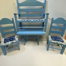 Vintage American Girl Doll Wood Furniture Trestle Table Chair Bench Cabinet Blue