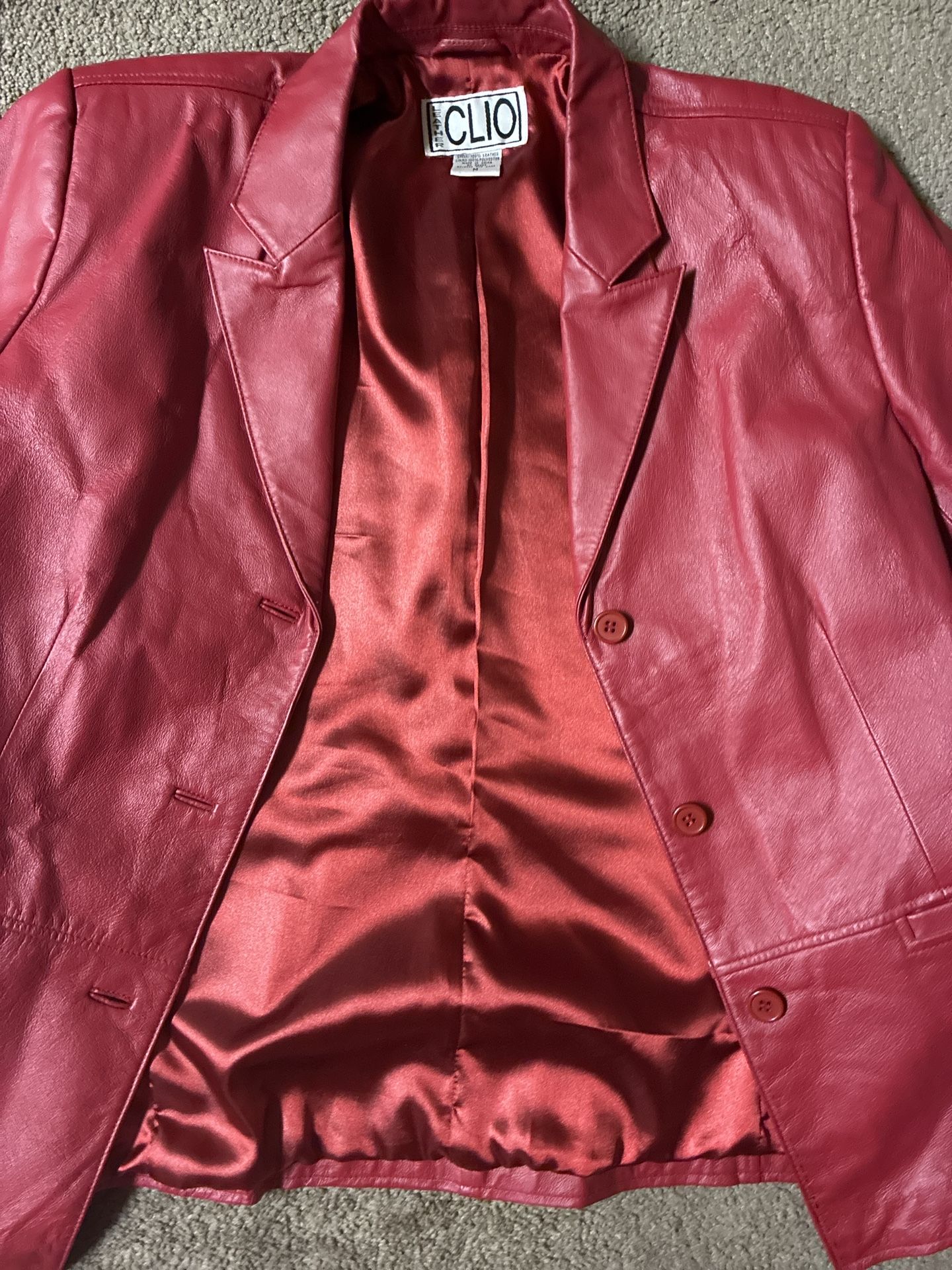 Vintage CLIO Red Genuine Leather Blazer Jacket Women’s Size M – Bold Retro Statement Coat