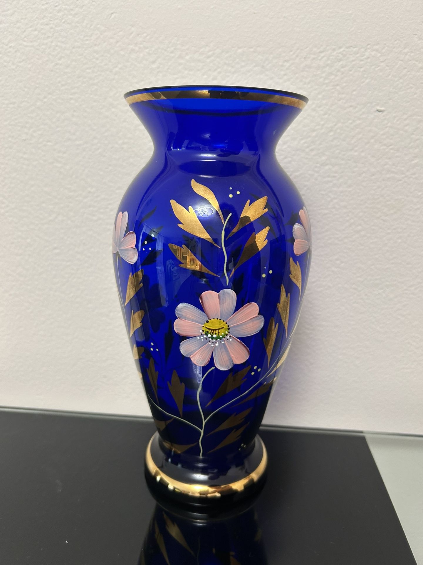 Gorgeous Vase. Decorated Glass. Blue And Gold Pattern. 9,5 Inches High. Great Present For Holiday Season!