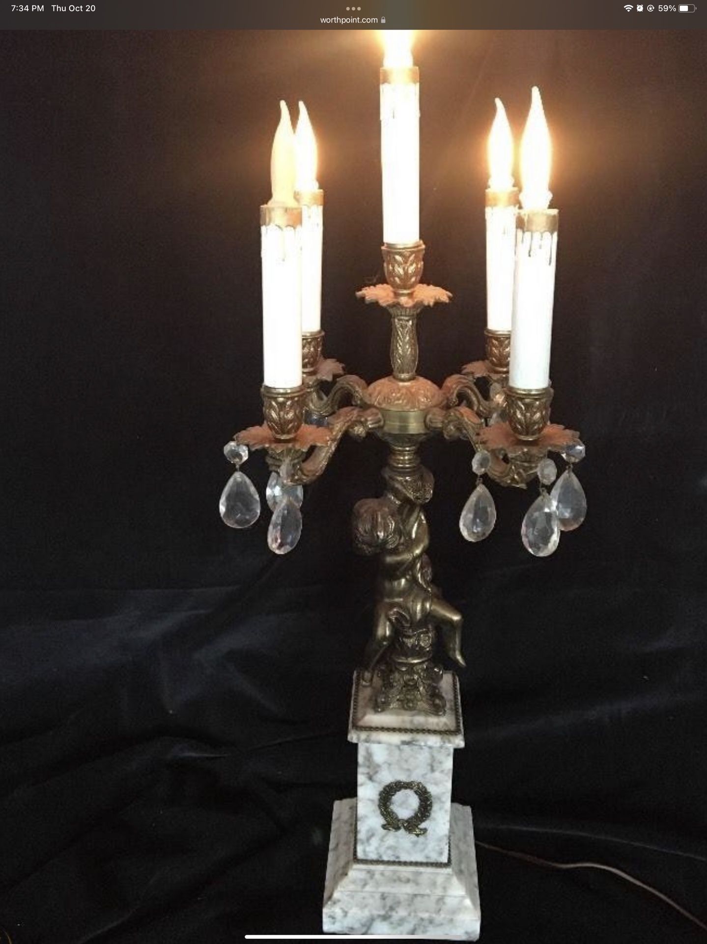 ANTIQUE MARBLE BRASS CRYSTAL TABLE LAMP CHERUB CANDELABRA 5 LIGHTS ARMS  27”x12”  Very Heavy 