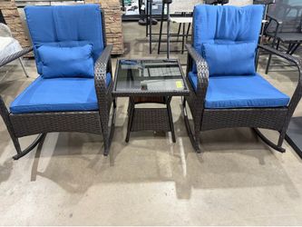 3 piece outdoor patio set/rocking chairs blue cushions