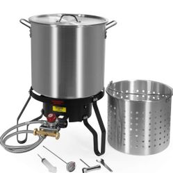 52Qt Turkey Deep Fryer w/High Pressure Burner All Purpose Aluminum 80,000 BTU Outdoor Boiler Roaster Clam Bake Crawfish Pot Boiling Lid Seafood Cajun 
