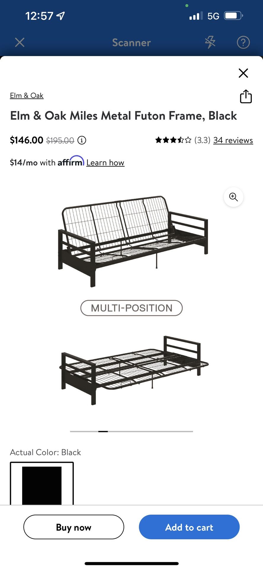 Elm & Oak Miles Metal Futon Frame, Black